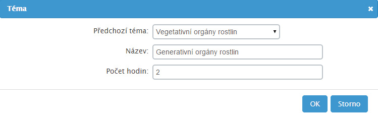 2. V panelu vyplňováné tématu editujte jednak zařazení daného tématu (v případě, že je zo první konkrétní téma, řadí se tzv.