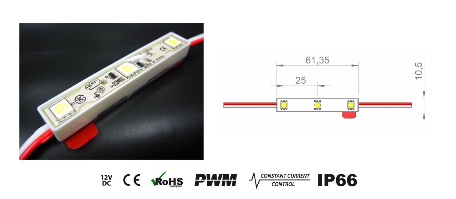 Moduly LED Modul LED ECO pro osvětlení profilovaných písmen Popis: Zcela zalité moduly s volitelně 3 SMD-LED.