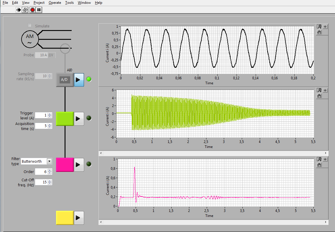 10 Laboratorní úloha Diagnostika rozběhového proudu 57 Obrázek 10-3: Prostředí LabView s programem pro měření rozběhového proudu. 10.2 Měření laboratorní úlohy Analýza a záznam rozběhového proudu se provádí při rozběhu stroje.