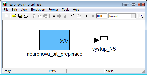 Obr. 7.7: Přenosová funkce satlins: a = satlins(n) Hodnotám vstupních veličin, které jsou menší než 1, přiřadí funkce satlins výstupní hodnotu 1.