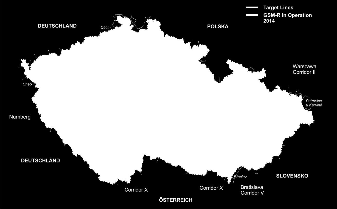 Současný stav implementace GSM-R Pol. Trať Délka (km) Pozn. Zahájení 2005, v roce 2014 vybaveno 1 132 km tratí, jsou propojeny sítě GSM-R SŽDC, DB, ÖBB, ProRail a síť národního operátora.