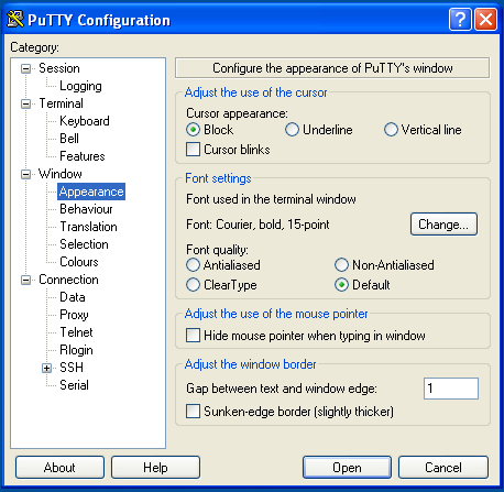 Putty nastavení II selekce myší kompatibilní s Unixovými terminály neproporcionální písmo