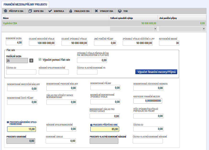 e) Pokud žadatel zatrhne v Základních informacích checkbox Příjmy dle č. 61, je pro něj relevantní vyplnění datové oblasti Finanční mezera/příjmy projektu pro určení výše podpory.