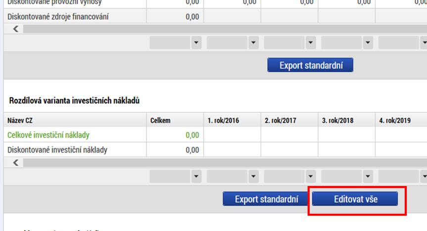 CBA finanční a ekonomická analýza (III.) Vždy vyplňujeme jen přes tlačítko Editovat vše. Pokud tlačítko není pak jsou to automaticky načítané hodnoty.