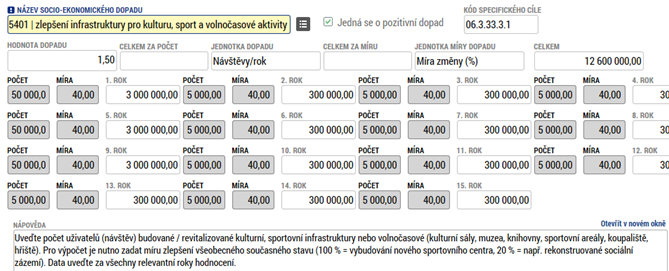 Na záložce Výběr specifických cílů vyberete v levé tabulce odpovídající SC a šipkou ho přesunete doprava viz printsceen Záložka Soc ek. dopady tlačítkem Nový záznam založíte odpovídající dle kap.