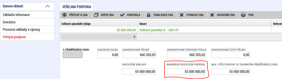 CBA veřejná podpora (individuální ověření potřeb financování) II.