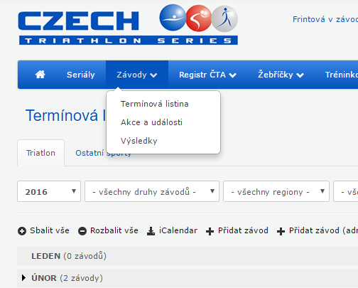 Přidání závodu Termínová listina Kliknutím v navigační liště na nabídku ZÁVODY se zobrazí v rozbalovacím menu položka TERMÍNOVÁ LISTINA.