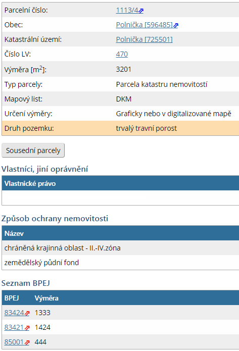 Srovnání ocenění: příklad 7 BPEJ 83424 = 2,42 Kč sousední