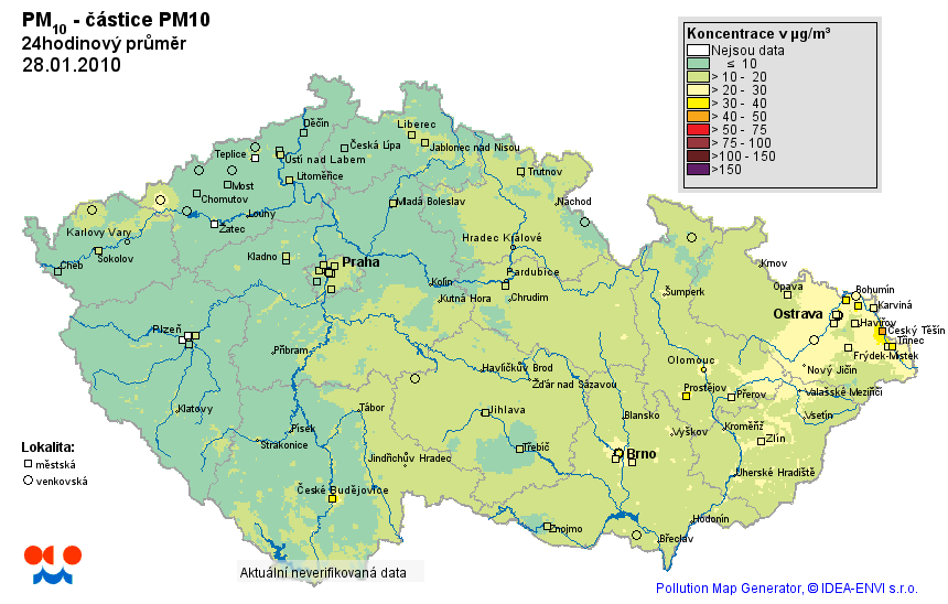 Obr. 3.3 Pole průměrných denních koncentrací PM 1 ve dnech 23. 28. ledna 21; převzato z (ČHMÚ, 21) (zdroj: http://pr-asv.chmi.