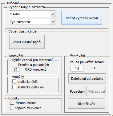 5.2.4 Ovládání Sekce Ovládání je určena pro práci uživatele s programem. Dají se zde vybírat data, spustit přehrávání, zobrazit statistické analýzy či použít doplňkové funkce. Blok je na Obr. 5.2. Dále jsou popsány bloky rozčleňující blok Ovládání na několik pod-bloků.