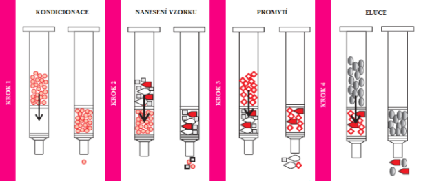 Obrázek č. 8: Průběh aktivace vázaných fází sorbentu: A) inaktivovaný sorbent, B) částečná aktivace, C) plná aktivace [28] 2.