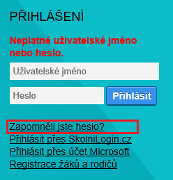 3.1.1 Problémy s přihlašováním do aplikace Pokud má uživatel s rolí "zákonný zástupce" nebo "žák/student" problémy s přihlášením do aplikace (nefunguje heslo, zapomenutí přihlašovacích údajů,