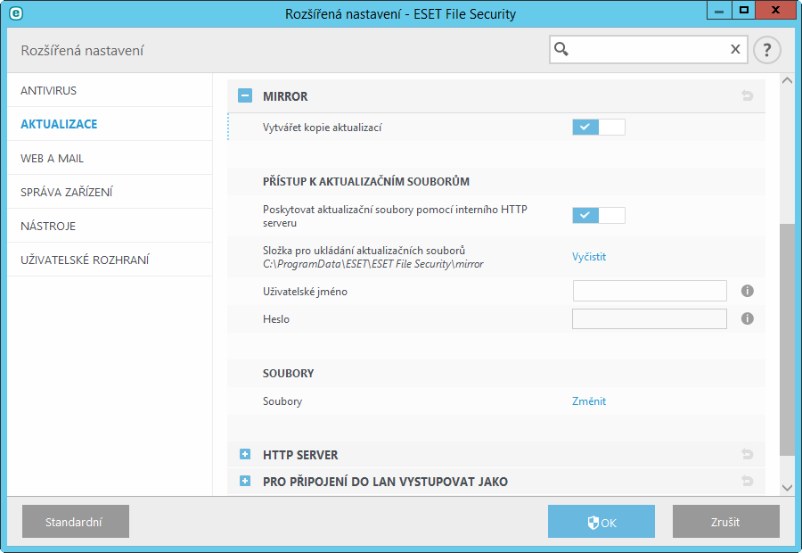 Po dokončení aktualizace zrušit připojení k serveru. 8.2.5 Mirror ESET File Security umožňuje vytvářet kopie aktualizací, z níž lze pak aktualizovat další stanice nacházející se v lokální síti.