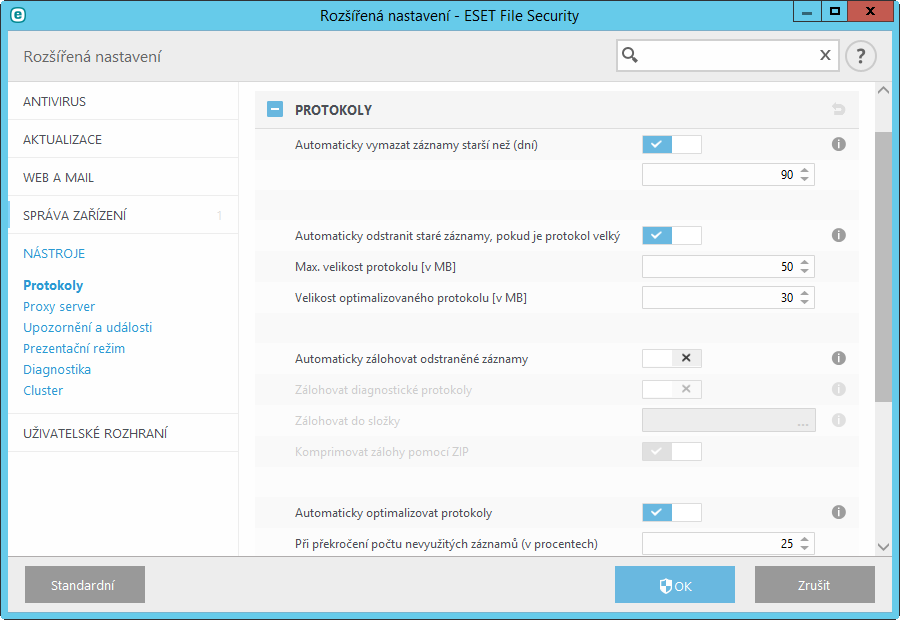 8.5.6 Protokoly Protokoly zaznamenané ESET File Security jsou dostupné přímo v hlavním okně programu na záložce Nástroje > Protokoly.