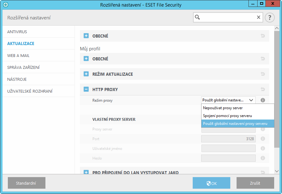 7.4.2 Nastavení proxy serveru Pokud pro přístup k internetu používáte proxy, je nutné ESET File Security správně nakonfigurovat.