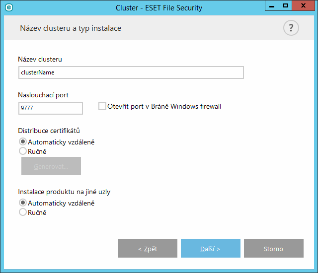 7.6.5.2 Průvodce clusterem vytvoření clusteru Zadejte název clusteru, vyberte způsob distribuce certifikátu a rozhodněte se, jakým způsobem chcete uzly instalovat produkt ESET.