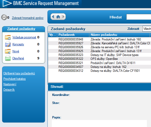 2.7 Nakonec se zobrazí přehled všech Vašich otevřených požadavků: 2.