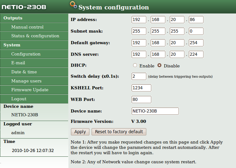 Zde mu z ete nastavit IP adresu (IP address), masku podsı te (Subnet mask), vy chozı bra nu (Default gateway) a server DNS podle parametru Vas ı sı te.