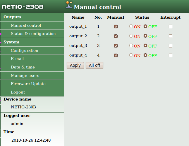 Obrázek 6: manuální ovládání výstupů a funguje pouze časové spínání a funkce watchdog. Tlačítko All off slouží k vypnutí všech zapnutých výstupů. 5.1.