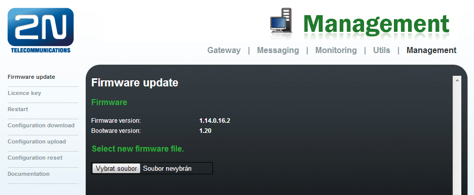 4.3 Verze firmware zařízení Před samotnou instalací 2N BRI brány, prosím, proveďte upgrade brány nejnovějším firmware určených pro tento typ GSM brány.