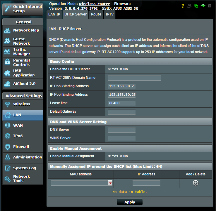 Pokyny pro úpravy nastavení LAN IP: 1. Na navigačním panelu přejděte na Advanced Settings (Upřesnit nastavení) > LAN > karta LAN IP. 2.