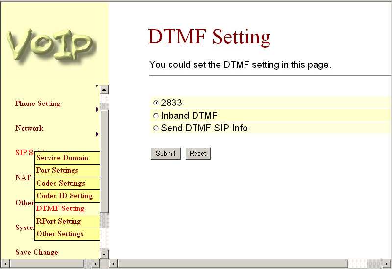Obr. 26 DTMF 3.6.5 Nastavení RPort Nastavení zapnuto/vypnuto (Enable/Disable) závisí na požadavcích poskytovatele služby. Nastavení odešlete tlačítkem Submit.