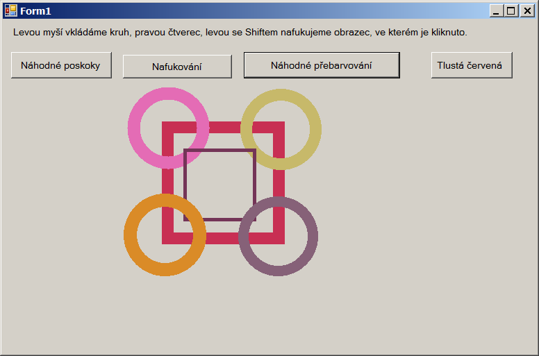 class Ctverec:Kruh //potomek kruhu, liší se jen metodami public override void Kresli(Graphics kp)//kreslení čtverce kp.drawrectangle(obrys, S.X - R, S.