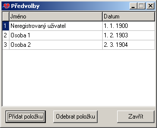 hodnotám biorytmů, bez nutnosti pokaždé zadávat ručně data pomocí ovládacích prvků na hlavním panelu. Po uzavření lze okno vyvolat položkou v menu Extra Předvolby. Obrázek 4.