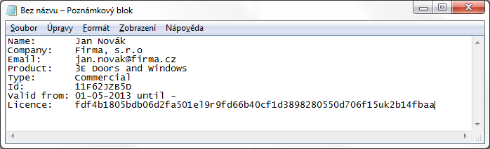 4. Aktivace licence. Doručený email obsahuje v příloze soubor s příponou txt, s názvem pluginu a jménem, například: 3E Doors and Windows Demo Jan Novák.licence.txt. Tento soubor prosím uložte do libovolné složky ve Vašem počítači a následně jej otevřete.