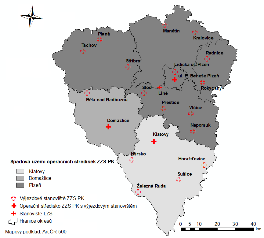 Obrázek 6.1: Spádová území operačních středisek a výjezdová stanoviště ZZS PK Činnost těchto výjezdových stanovišť je řízena a koordinována prostřednictvím operačních středisek.