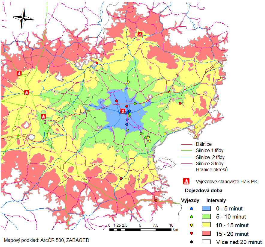 Obrázek 9.6: Dojezdnost jednotek požární stanice Rokycany noc 9.2.