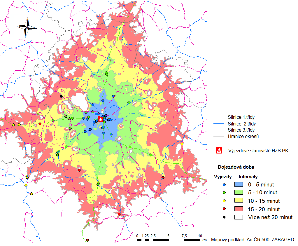 Obrázek 9.7: Dojezdnost jednotek požární stanice Klatovy den 9.2.