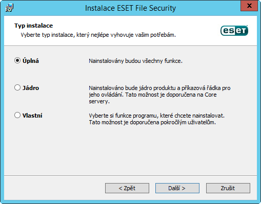 6.1 Průvodce instalací ESET File Security Po spuštění instalačního balíčku ESET File Security se zobrazí průvodce, který vás provede celým procesem instalace: Poté, co odsouhlasíte licenční ujednání,
