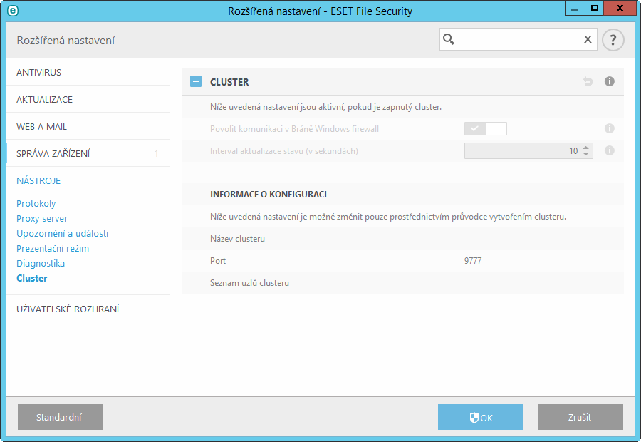 8.5.11 Cluster Po nakonfigurování funkce ESET Cluster se v rozšířeném nastavení (dostupném po stisknutí klávesy F5) automaticky aktivuje možnost Povolit cluster.