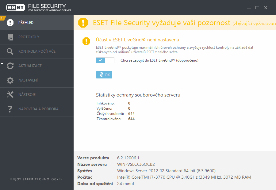 Po úspěšné aktivaci ESET File Security budete přesměrováni na záložku Přehled. Po dokončení instalace je potřeba provést prvotní nastavení produktu, například aktivovat ESET LiveGrid.