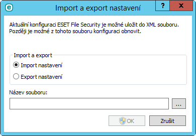 7.5.4 Import a export nastavení Na záložce Nastavení můžete do programu ESET File Security importovat nebo z něj naopak exportovat konfiguraci v.xml souboru.