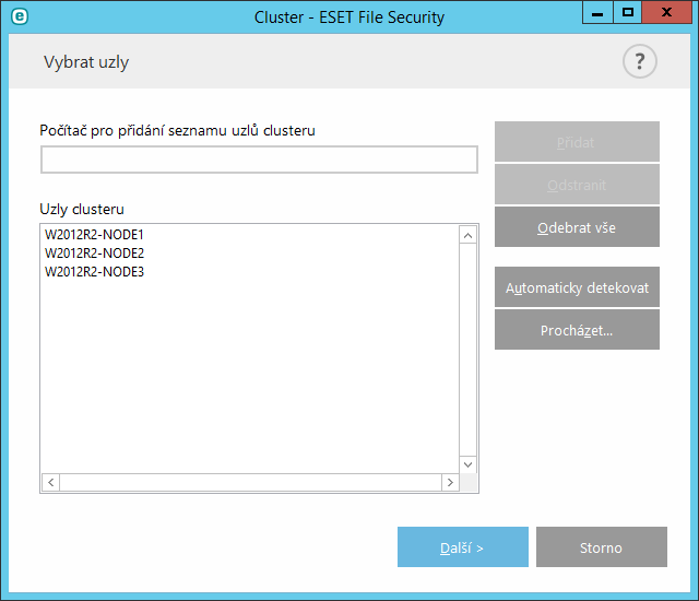 Pro odebrání konkrétního uzlu ze seznamu uzlů clusteru klikněte na vybranou položku a klikněte na tlačítko Odebrat. Celý seznam vymažete kliknutím na tlačítko Odebrat vše.