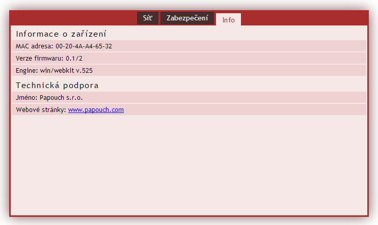 I n f o Tento panel není konfigurační, ale obsahuje různé informace o
