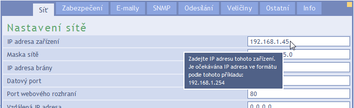 WieETH NASTAVENÍ PŘES WEBOVÉ ROZHRANÍ Nastavení je uspořádáno do následujících osmi panelů: Síť konfigurace síťového rozhraní, IP adresa, maska, DNS server, režim, Zabezpečení nastavení hesel pro