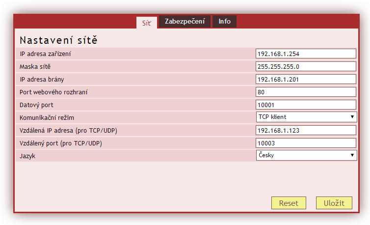 S í ť Nastavení síťových parametrů, komunikace TCP datovým kanálem a jazyka webu. IP adresa zařízení obr. 4 panel nastavení sítě IP adresa WieETH.