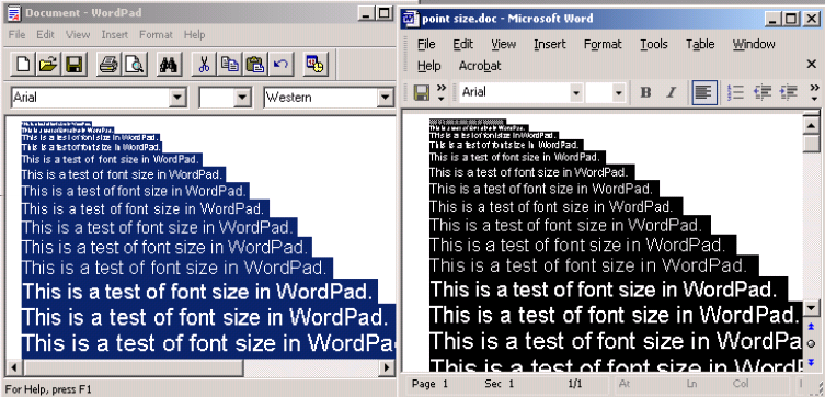 Příklad WordPad versus MS Word (zvýrazněno)