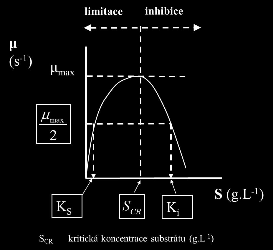 Inhibice růstu substrátem Vysoká (inhibiční) koncentrace substrátu se vyskytuje: typicky u batch-kultivací na počátku typicky pro alkoholy, organické kyseliny, uhlovodíky Důsledkem je: prodlužuje se