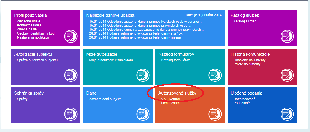 Následne systém sprístupní OIZ pre prihláseného používateľa a zvolený subjekt. Aplikácia Vrátenie DPH sa zobrazí po kliknutí na odkaz v sekcii Autorizované služby.