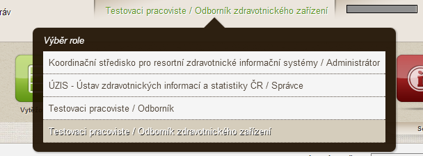 3.4 Popis uživatelských rolí a oprávnění Efektivní role spojuje autorizační informace přihlášeného uživatele: role (funkční určení) pracoviště (určení územní příslušnosti) Typ pracoviště je v tomto