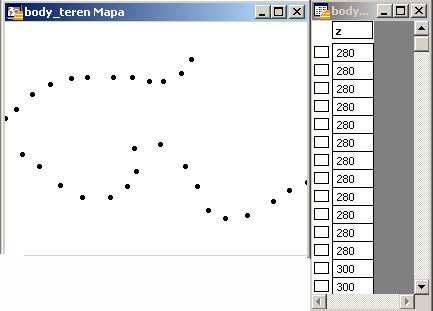 1.2.2 Import bodů z MapInfa Tabulka tvořená v MapInfu má jen jeden sloupec označený jako z. Ke každému bodu je doplněna výšková kóta z (viz. Obr. 11) Načtení bodů ze souboru *.