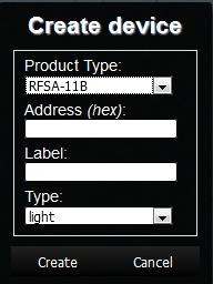 Tlačítko Devices slouží pro přidání RF prvků do elan-rf-wi-003. Tlačítko (+) - přidat nový RF prvek: 1. Product Type vyberete RF prvek 2.