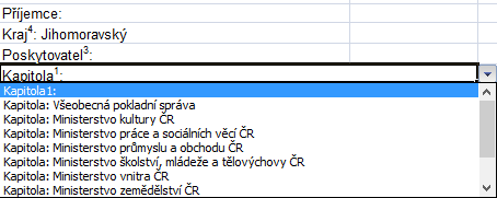 V tabulce vyplňujeme vždy (zvýrazněno tučně): Příjemce (název obce/městyse/města) Kraj (název kraje, prostřednictvím kterého byla dotace poskytnuta v našem případě tedy Jihomoravský kraj)