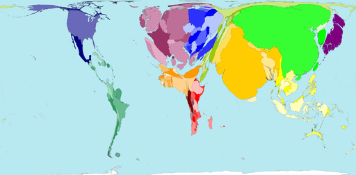 Hustota populace v roce 1900 (zdroj www.worldmapper.org).