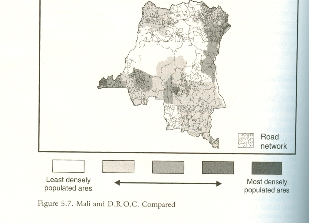 Příloha č. 9: Hustota silniční infrastruktury v Mali a Demokratické republice Kongo. HERBST, J. (2000).