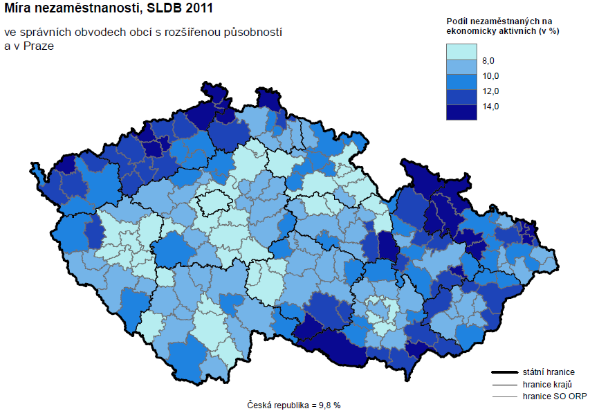 Výše uvedený kartogram ukazuje obecně nižší míru nezaměstnanosti v severní a západní části území.